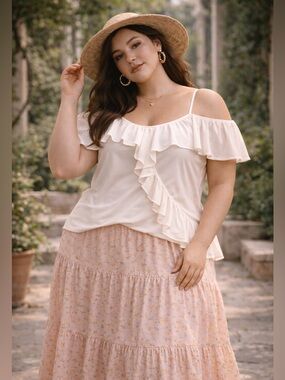 MARALLIS Collection Vtg Off Shoulder Ruffled Top White Sz XXL Boho Girly Cottage